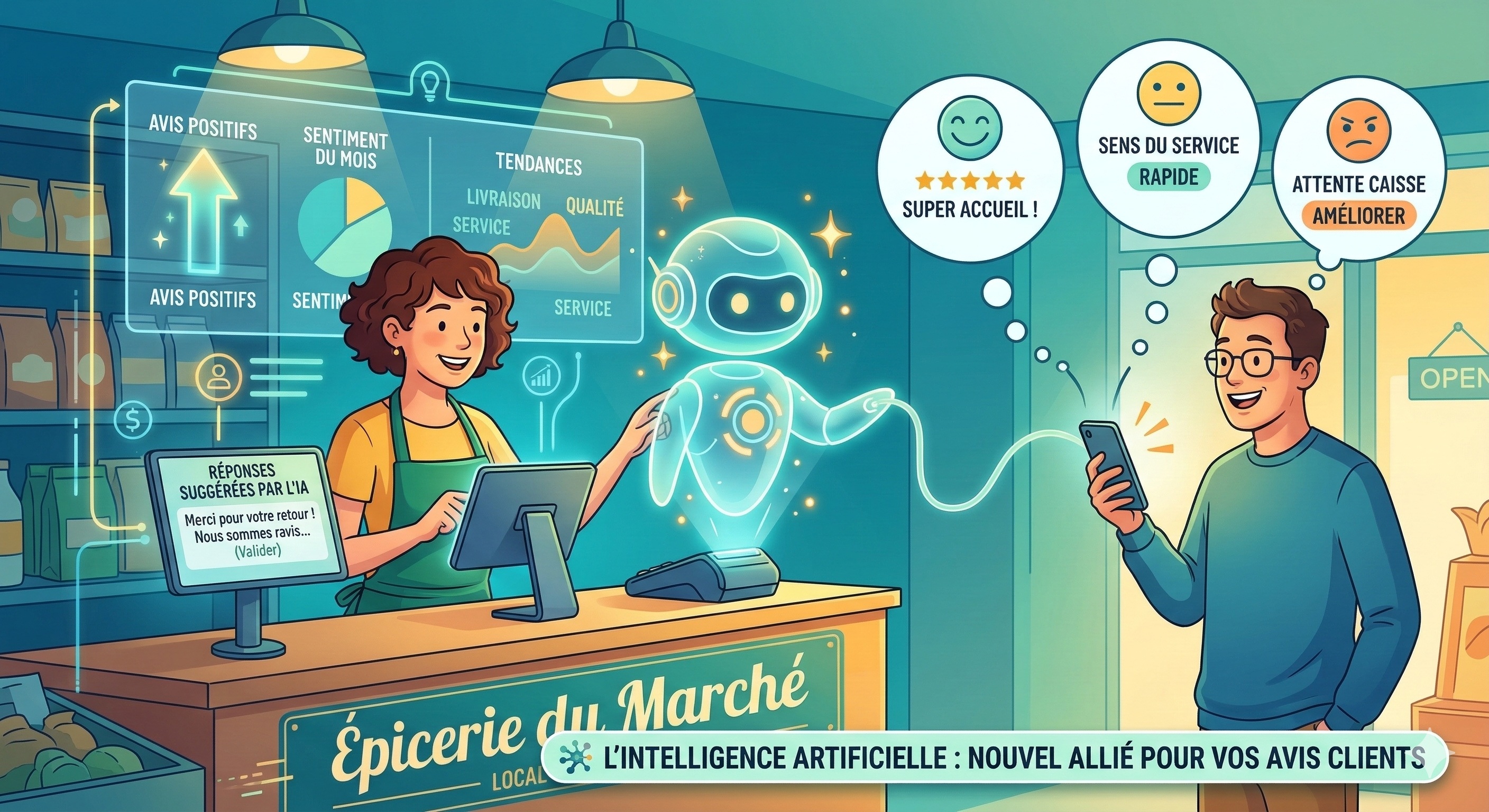 Illustration conceptuelle de l'Intelligence Artificielle au service du commerce local